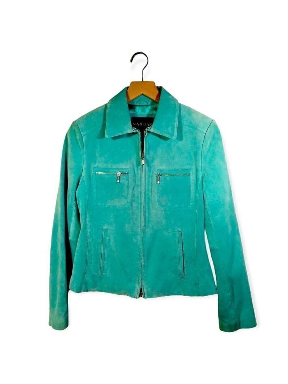SAGUARO Vintage Tapered Teal Suede Leather Jacket Size S